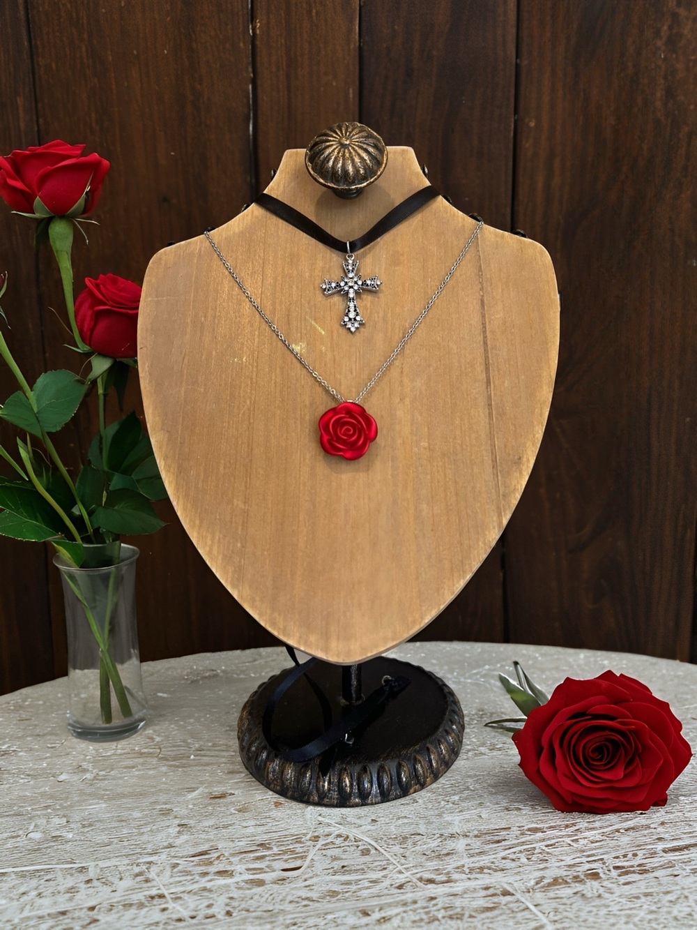 Silver toned Black Satin Choker and Red Rose Pendant Necklace with Chain Set